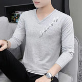 Wiaofellas  -  Fashion V-Neck All-match Diamonds T-Shirt Men's Clothing Autumn New Oversized Casual Pullovers Tops Loose Korean Tee Shirt