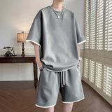 Wiaofellas  -  Tracksuit Men Shorts Sets Solid Color Loose O-neck Short Sleeve T Shirt & Drawstring Shorts 2PCS Summer Sports Suit for Men