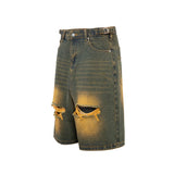 Wiaofellas  - Ripped Hole Washed Yellow Mud Baggy Jeans for Men Straight Distressed Ropa Hombre Casual Denim Shorts Oversized Five Point Pants