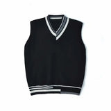 WIAOFELLAS  -  Men Sweater Vest Patchwork Simple Panelled Sleeveless Knit Sweaters Male Loose V-neck All-match Korean Preppy Style Streetwear