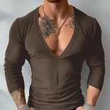 WIAOFELLAS  -  Men T Shirts Solid Color Knitted V Neck Long Sleeve Streetwear Casual Men Clothing Autumn Fashion Camisetas S-5XL