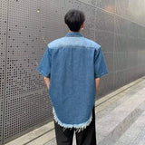 WIAOFELLAS  -  Vintage Men's Gradient Hole Burr Edge Denim Shirts Fashion Summer Short Sleeves Single-breasted Tops Male