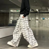 Wiaofellas  -  New Men's Casual Plaid Striped Straight-leg Pants High Street Fashion Corduroy Drawstring Trousers Y2K Retro Sweatpants