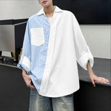 WIAOFELLAS  -  Men Shirt Striped Patchwork Lapel Long Sleeve Men Clothing Streetwear Korean Style Fashion Oversize Shirts Casual Tops