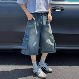 WIAOFELLAS  -  American Style Men's Denim Shorts Washing Multi-pocket Solid Color Worn-out Lace-up Straight Leg Male Jeans Summer