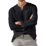 Wiaofellas  -  Men's Linen Shirt Solid Color Long Sleeve Breathable Tops V Neck Casual Blouse Hawaiian Shirt Loose Lightweight Shirts
