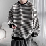 Wiaofellas  -  Long Sleeved T-shirt Men's Hong Kong Style Trend Ins Loose T-shirt Striped Sweatshirt Base Shirt Men's Top Coat