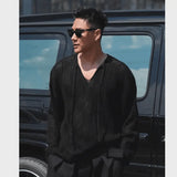 WIAOFELLAS  -  Korean Lazy and High-end Solid Color Versatile Long-sleeved Thin Sweater V-neck Tether Hollow Sweater Top Men