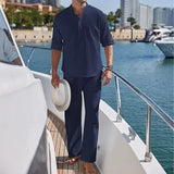 Wiaofellas  -  Men's Cotton and Linen Shirt Long Pants Two-piece Set Fashionable Henry Collar Long Sleeved Shirt Casual Vacation Beach Pants