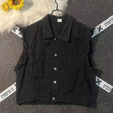 WIAOFELLAS  -  vestRetro Washed Raw Edge Ripped Denim Vest Mens American High Street Fashion Trend Casual Loose Sleeveless Waistcoat Y2k Jacket