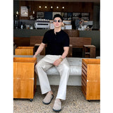 Wiaofellas  -  Summer Linen Lyocell Knitted Short Sleeve T-shirt Solid Color Casual Business T-shirts Breathable Elastic Round Neck Tee