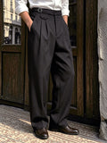 Wiaofellas  -  Men SS Neapolitan Style Solid Woven High Waist Loose Straight Suit Trousers Elegant Daily Commuter Formal Business Pants