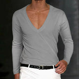 WIAOFELLAS  -  Spring Autumn Men's T-shirt Solid Color V-neck Long Sleeve Tops Tees Man Oversized Loose Fitness T-Shirts For Male Clothes