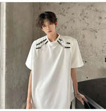 WIAOFELLAS  -  Stylish Men's T-shirts Metal Buckle Patchwork Round Collar Solid Color Niche Tops Short Sleeved Loose Male Tees