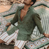 Wiaofellas  -  Men's Casual Fashion Solid Color Shirts Lapel Long Sleeve Thin Cardigan Spring Summer Beach Loose Button Shirt