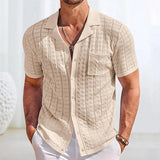 Wiaofellas  -  Vacation Seaside Beach Casual Shirts Mens Knitting Short Sleeve Button Lapel Knit Shirt Men Summer Fashion Knitted Texture Shirt