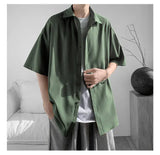 WIAOFELLAS  -  Simple Men's Shirts Turn-down Collar Ice Silk Solid Color Short Sleeved Loose Menswear Single Breasted Male Tops