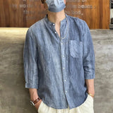 WIAOFELLAS  -  Spring Summer New Solid Color Fashion Round Neck Shirt Man High Street Three Quarter Button Cardigan Fiberflax Breathable Tops