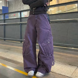 Wiaofellas  -  Unisex Vintage Purple Cargo Pants Multi Pockets Metal Rivet Loose Curved Wide Leg Baggy Trousers Y2K Streetwear Casual Denim