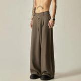 Wiaofellas  -  American Retro Brown Casual Drapey Wide Leg Pants Loose Fit Design Sense Straight Cut Long Trousers Polyester Fabric