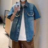 WIAOFELLAS  -  Denim Men's Shirt Solid Color Raw Edge Lapel Niche Design Short Sleeve Washing Clothing Single Breasted Male Tops