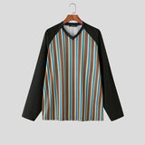 WIAOFELLAS  -  Men T Shirt Striped Patchwork V Neck Long Sleeve Male Tee Tops Korean Style Streetwear Loose Fashion Casual Men Clothing