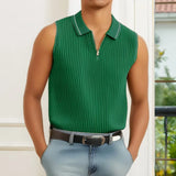 WIAOFELLAS  -  Spring Summer New Vintage Turn-down Collar Zipper Knit Polo Shirt Menasual Solid Sleeveless Tank Top Polo Tops Mens Streetwear