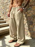 Wiaofellas  -  Vintage Straight Loose Pants Mens Summer Casual Drawstring Breathable Trousers Stylish Solid Color Linen Bottoms For Men