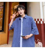 WIAOFELLAS  -  Trendy Men's Plaid Spliced Pocket Short Sleeve Loose Shirts Fashion Summer Lapel Single-breasted Blouses Male