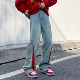 Wiaofellas  -  2000S Clothes Y2K Fashion Washed Blue Drawstring Baggy Jeans Pants Men Clothes Straight Hip Hop Patchwork Male Denim Trousers