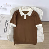 Wiaofellas  -  Loose Fit  Short Sleeve Knitted T-Shirt Men Summer Cool Breathable Shoulder Collision Color Collar Unisex Top