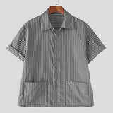 WIAOFELLAS  -  Men Striped Shirt Lapel Short Sleeve Pockets Men Clothing Streetwear Loose Button Korean Style Fashion Casual Male Tops
