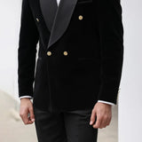 Wiaofellas  -  Elegant Velvet Men Suits Black Shawl Lapel Double Breasted Clothing 2 Piece Formal Prom Wedding Party Tuxedo (Jacket+Pants)