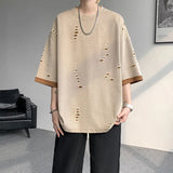 WIAOFELLAS  -  Summer Hip Hop Hole T-Shirts Men Loose O-Neck Short Sleeve Streetwear Tshirt Male Youthful Vitality Casual Patchwork Tees Tops