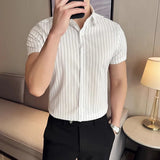 WIAOFELLAS  -  Summer Spring Short Sleeved Silky Shirt Men British Style Striped Printed Slim Mens Shirts Business Handsome Men's Casual Shirt