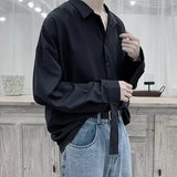 WIAOFELLAS  -  Fashion Men's Solid Color Ribbon Design Loose Shirts Trendy Long Sleeves Turn Down Collar Tops Male 2025 Summer