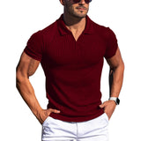 Wiaofellas  -  Men's Ribbed V-Neck Polo Shirt Summer Breathe Slim Fit Short Sleeve T-Shirt Men Casual Business Fashion T-Shirt