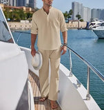Wiaofellas  -  Men's Cotton and Linen Shirt Long Pants Two-piece Set Fashionable Henry Collar Long Sleeved Shirt Casual Vacation Beach Pants