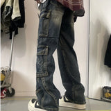 Wiaofellas  -  Men's Patchwork Blue Cargo Jeans Unisex Straight Casual Trousers Men Muti-pockets Hip Hop Streetwear 90s Vintage Fashion Pants