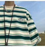 WIAOFELLAS  -  Japanese Striped Spliced Short-sleeved Shirt Summer Cityboy O-Neck T-shirt Oversize Pure Cotton Green Shirt Preppy Streetwear