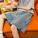 Wiaofellas  -  New Men's Casual Side-Slit Denim Shorts Summer High Street Fashion Baggy Jorts Harajuku Hip Hop Y2K Blue Short Jeans