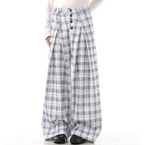 Wiaofellas  -  Men Plaid Pants Button Joggers Loose Casual Wide Leg Trousers Men Pleated Streetwear Baggy Fashion Wide Leg Pants