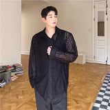 WIAOFELLAS  -  Fashion Men's Lace Plaid Solid Color Casual Loose Shirts Trendy Single-breasted Turn Down Collar Blouses Male Summer