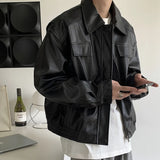 Wiaofellas  -  Men's Casual Texture PU Leather Jacket High Street Zippers Turn-down Collar Long Sleeve Retro Coat with Pocket Spring Autumn
