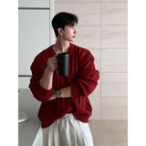 WIAOFELLAS  -  Encore red V-neck sweater men's lazy style into autumn Korean high-end outfit twisted sweater jacket