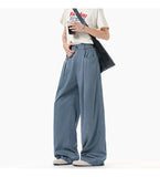 WIAOFELLAS  -  simple men's casual trousers pleated design new solid color wide leg bottom loose straight thin male pants summer