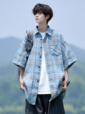 Wiaofellas  -  Trendy Summer Elegant Short Sleeve Plaid Shirt Men's American Casual Oversized Pocket T Shirts Y2K Streetwear Camisas