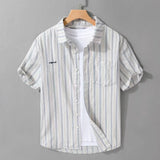 Wiaofellas  -  Spring Summer Fashion Cotton Shirt For Men Stripe Short Sleeve Loose Tops Streetwear Trendy Casual Loose Versatile Clothing