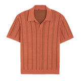WIAOFELLAS  -  Fashion Jacquard Knitted Polo Shirt Men Short Sleeved V-neck Tops Stripe Knit Tshirts British Style Ice Silk Casual Knitwear