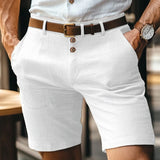 WIAOFELLAS  -  Summer Casual Shorts Men Vintage Buttoned Linen Breathable Knee Length Trousers Slim Fit Straight Male Fashion Solid Short Pants